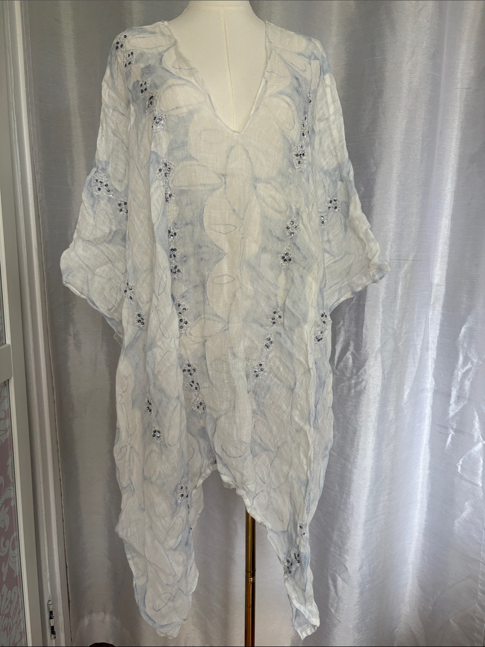 Light Blue Floral Embroidered V-Neck Women's Poncho Tunic